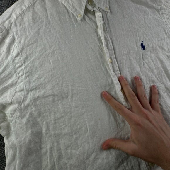 Ralph Lauren XL All Linen White Long Sleeve Button Up Shirt Men Blue Pony Logo - Picture 14 of 16